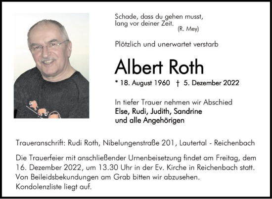 Traueranzeige von Albert Roth von Bergsträßer Anzeiger