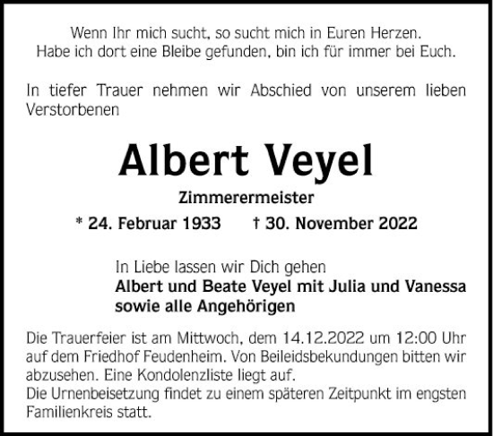 Traueranzeige von Albert Veyel von Mannheimer Morgen