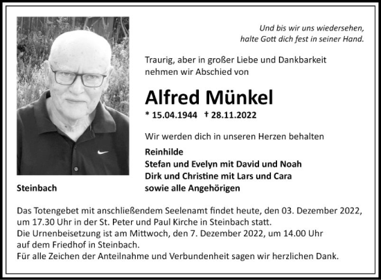 Traueranzeige von Alfred Münkel von Fränkische Nachrichten