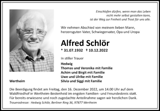 Traueranzeige von Alfred Schlör von Fränkische Nachrichten