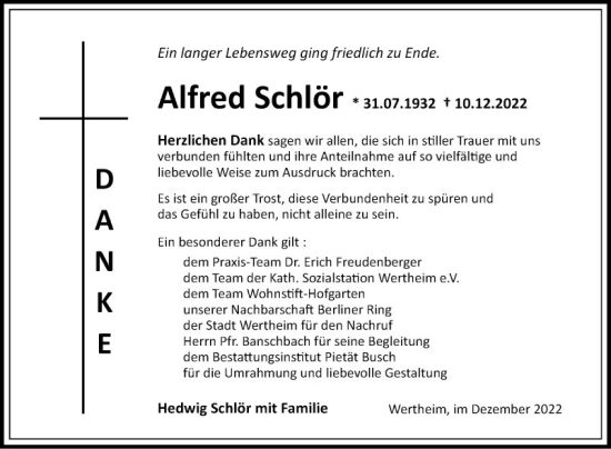 Traueranzeige von Alfred Schlör von Fränkische Nachrichten