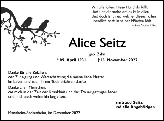 Traueranzeige von Alice Seitz von Mannheimer Morgen