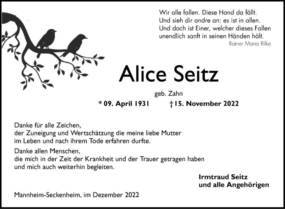  Traueranzeige für Alice Seitz vom 03.12.2022 aus Mannheimer Morgen
