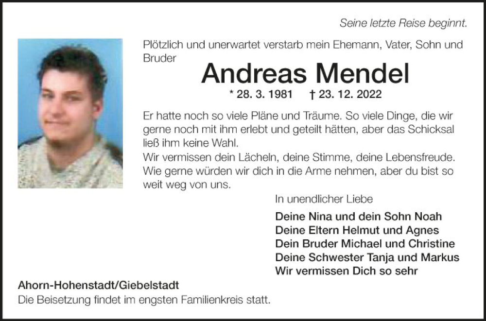  Traueranzeige für Andreas Mendel vom 31.12.2022 aus Fränkische Nachrichten