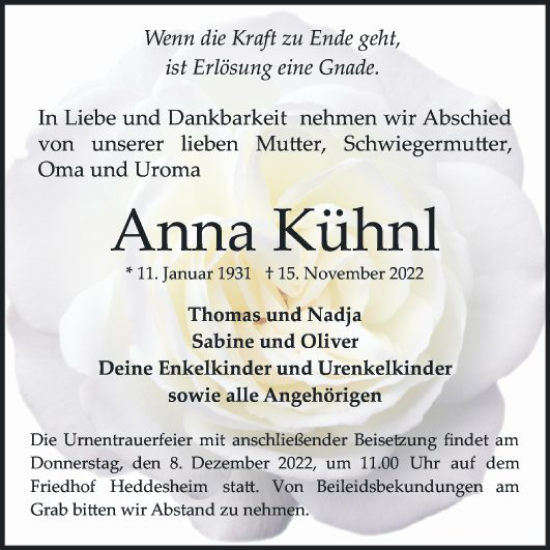 Traueranzeige von Anna Kühnl von Mannheimer Morgen