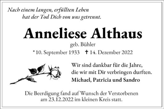 Traueranzeige von Anneliese Althaus von Mannheimer Morgen