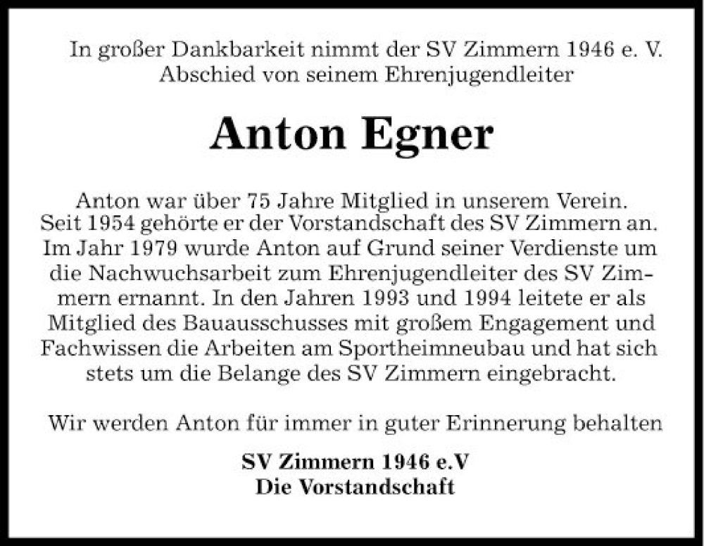  Traueranzeige für Anton Egner vom 16.12.2022 aus Fränkische Nachrichten