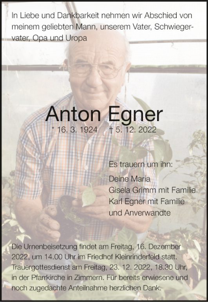  Traueranzeige für Anton Egner vom 10.12.2022 aus Fränkische Nachrichten