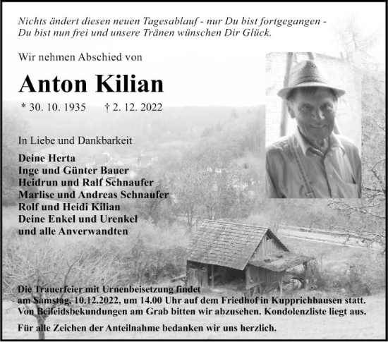 Traueranzeige von Anton Kilian von Fränkische Nachrichten