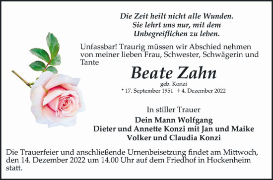 Traueranzeige von Beate Zahn von Schwetzinger Zeitung