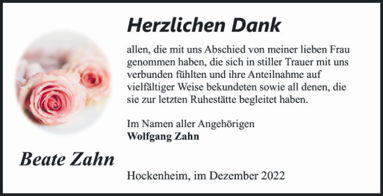 Traueranzeige von Beate Zahn von Schwetzinger Zeitung