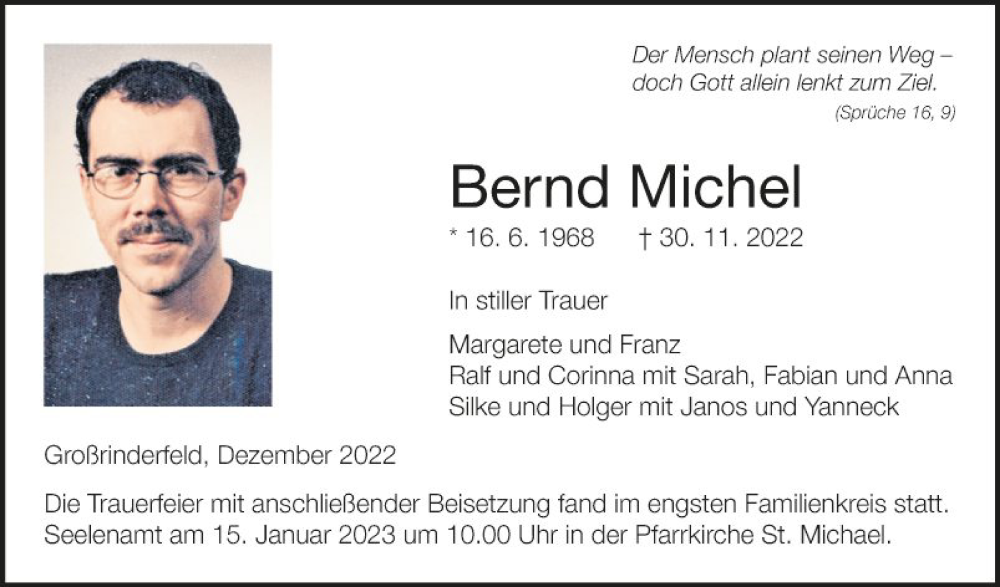  Traueranzeige für Bernd Michel vom 12.12.2022 aus Fränkische Nachrichten