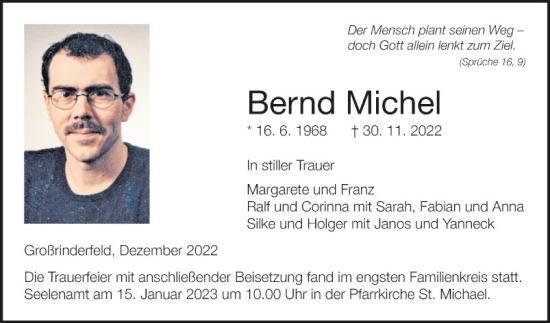 Traueranzeige von Bernd Michel von Fränkische Nachrichten