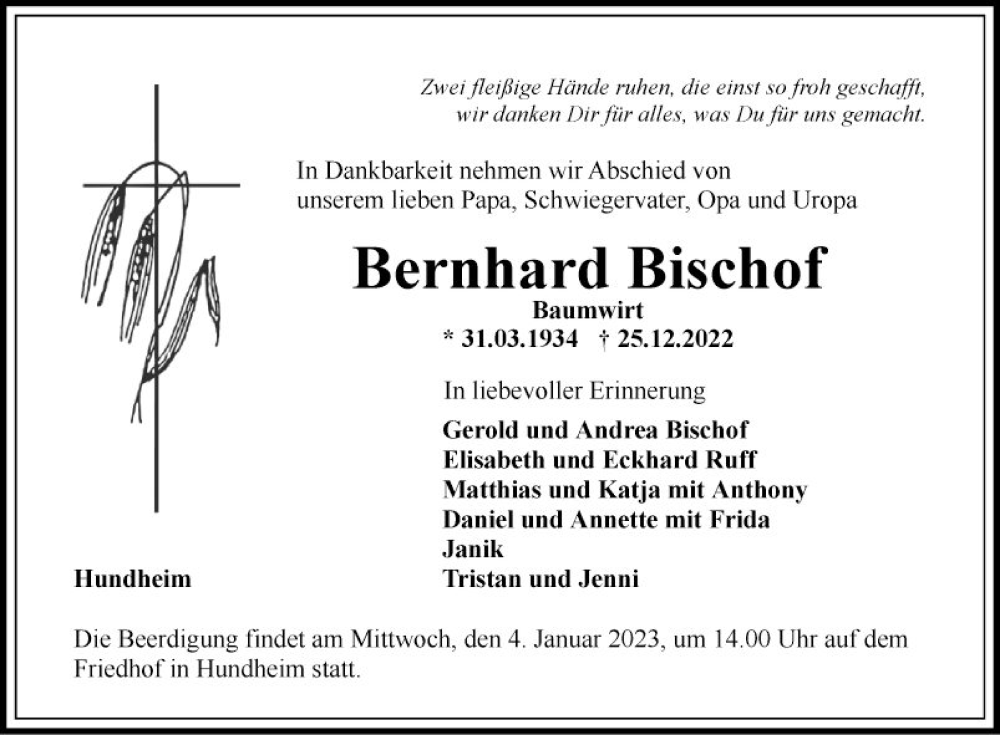  Traueranzeige für Bernhard Bischof vom 31.12.2022 aus Fränkische Nachrichten