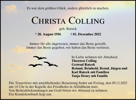 Traueranzeige von Christa Colling von Schwetzinger Zeitung