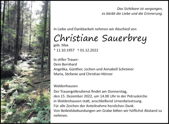 Traueranzeige von Christiane Sauerbrey von Fränkische Nachrichten