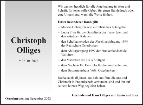 Traueranzeige von Christoph Olliges von Fränkische Nachrichten