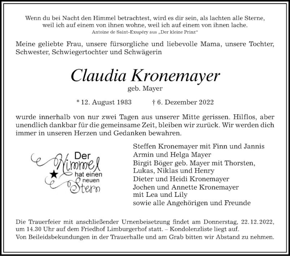  Traueranzeige für Claudia Kronemayer vom 17.12.2022 aus Mannheimer Morgen