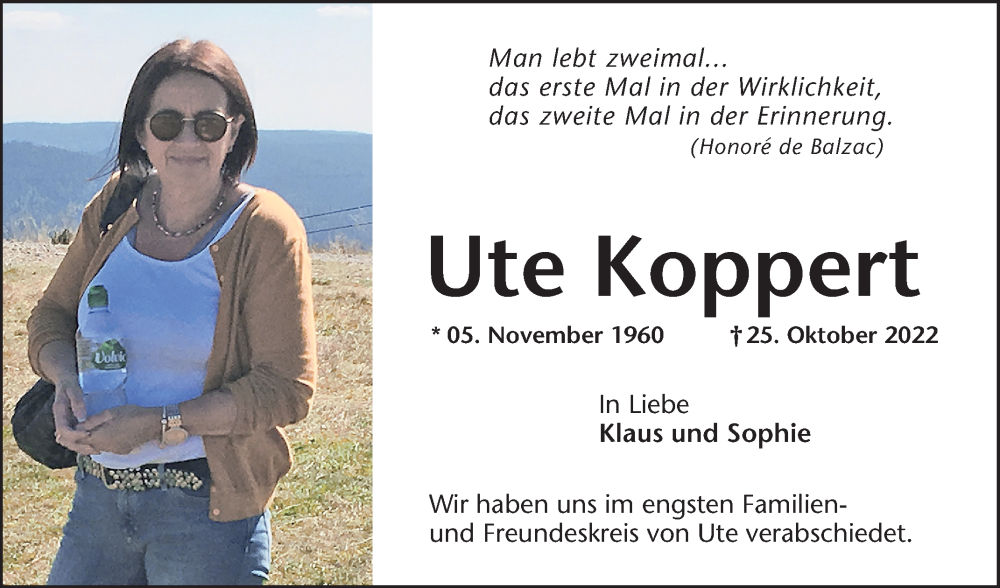  Traueranzeige für Ute Koppert vom 30.11.2022 aus Mannheimer Morgen