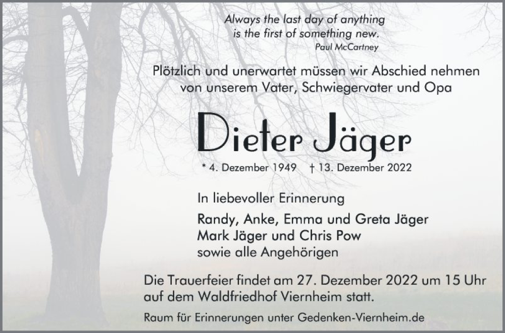  Traueranzeige für Dieter Jäger vom 23.12.2022 aus Mannheimer Morgen