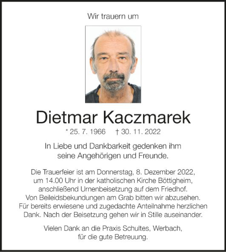  Traueranzeige für Dietmar Kaczmarek vom 03.12.2022 aus Fränkische Nachrichten