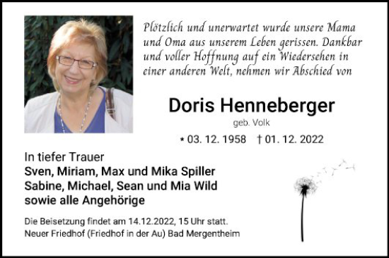 Traueranzeige von Doris Henneberger von Fränkische Nachrichten