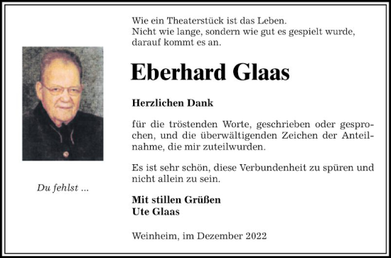 Traueranzeige von Eberhard Glaas von Mannheimer Morgen