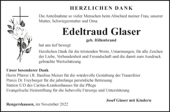 Traueranzeige von Edeltratul Glaser von Fränkische Nachrichten