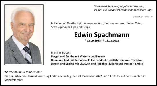 Traueranzeige von Edwin Spachmann von Fränkische Nachrichten