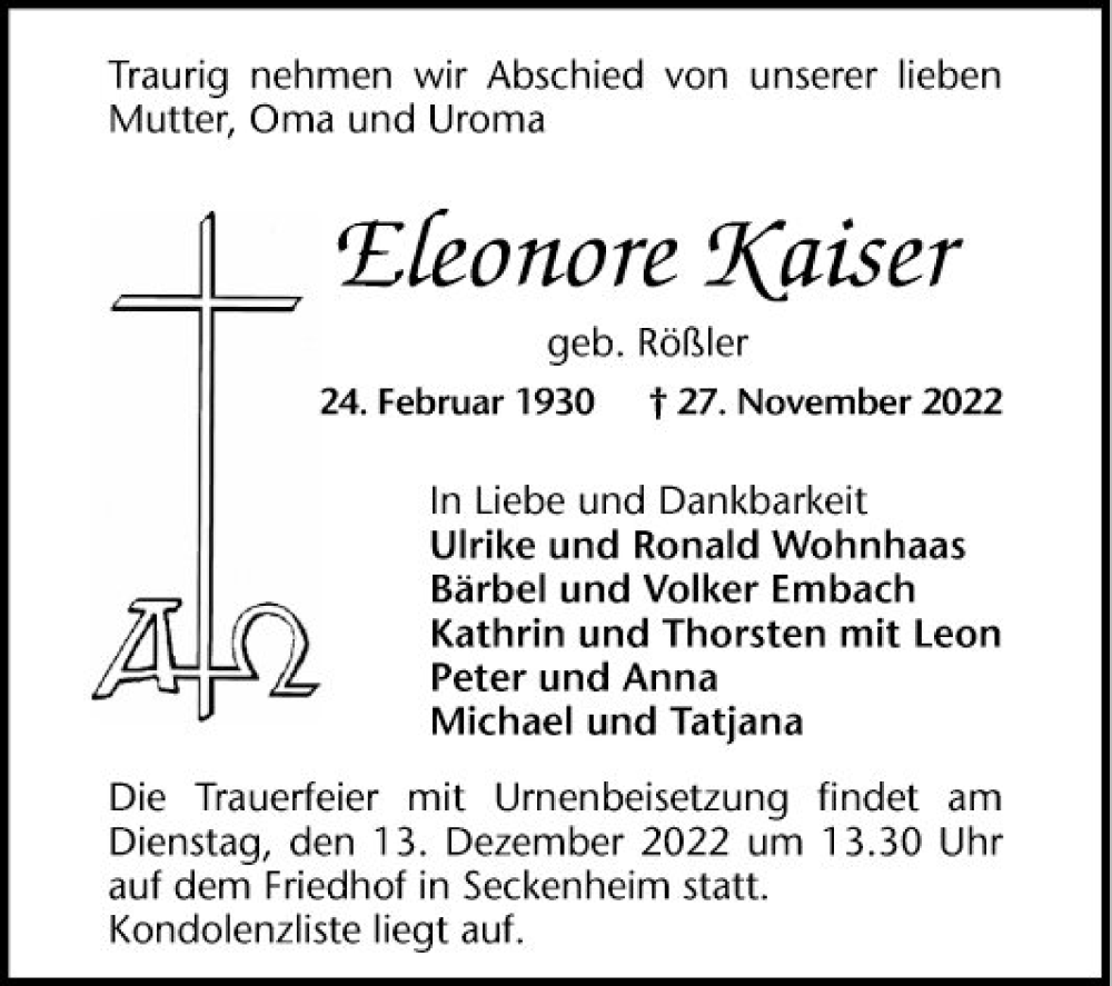  Traueranzeige für Eleonore Kaiser vom 10.12.2022 aus Mannheimer Morgen