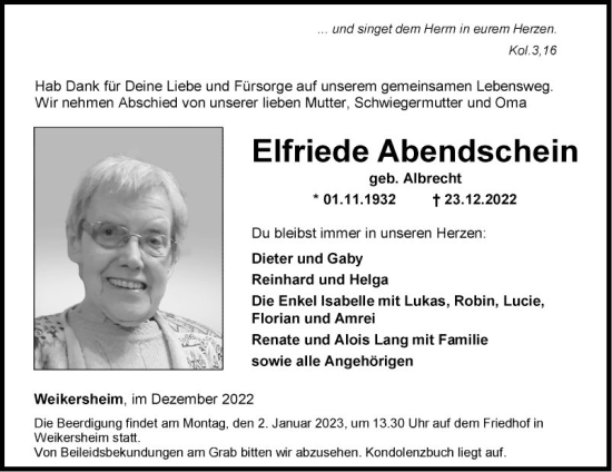 Traueranzeige von Elfriede Abendschein von Fränkische Nachrichten