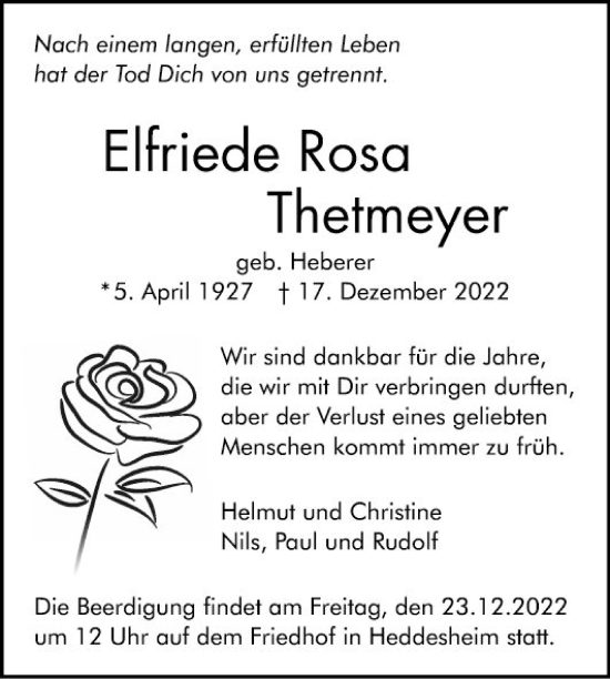 Traueranzeige von Elfriede Rosa Thetmeyer von Mannheimer Morgen