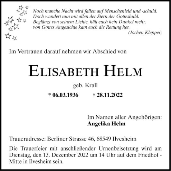 Traueranzeige von Elisabeth Helm von Mannheimer Morgen