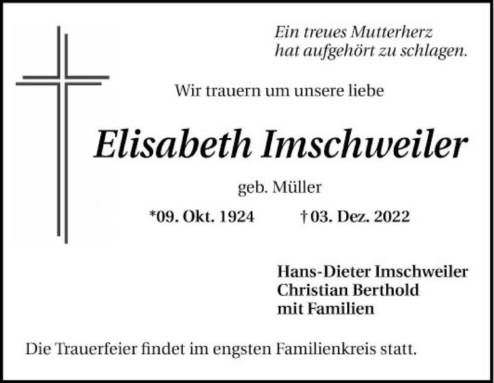  Traueranzeige für Elisabeth Imschweiler vom 10.12.2022 aus Mannheimer Morgen
