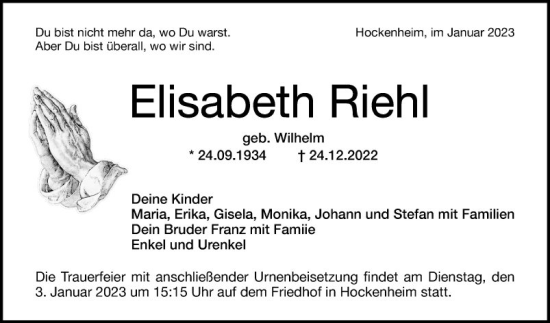 Traueranzeige von Elisabeth Riehl von Schwetzinger Zeitung