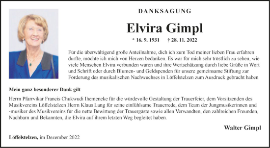 Traueranzeige von Elvira Gimpl von Fränkische Nachrichten