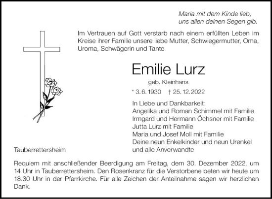 Traueranzeige von Emilie Lurz von Fränkische Nachrichten