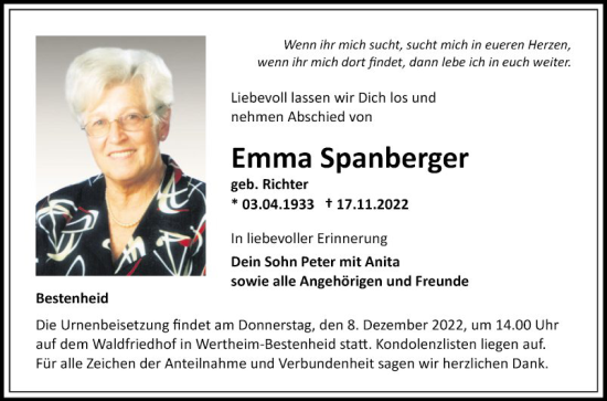 Traueranzeige von Emma Spanberger von Fränkische Nachrichten