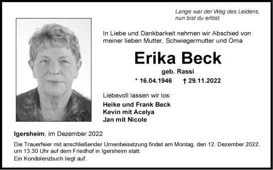 Traueranzeige von Erika Beck von Fränkische Nachrichten