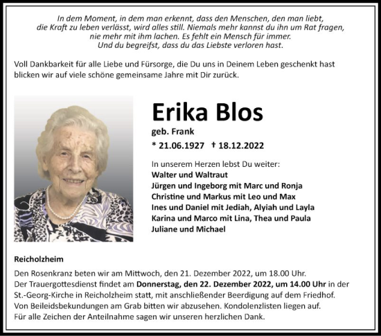 Traueranzeige von Erika Blos von Fränkische Nachrichten