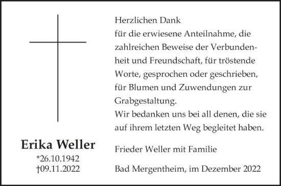 Traueranzeige von Erika Weller von Fränkische Nachrichten