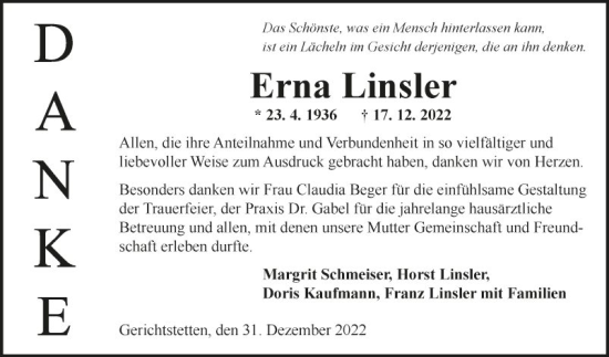 Traueranzeige von Erna Linsler von Fränkische Nachrichten