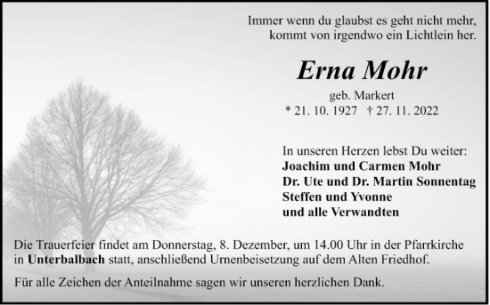 Traueranzeige von Erna Mohr von Fränkische Nachrichten