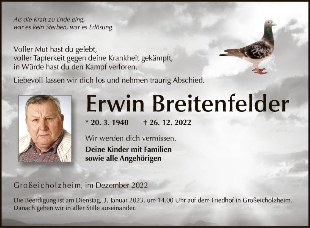  Traueranzeige für Erwin Breitenfelder vom 31.12.2022 aus Fränkische Nachrichten