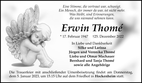 Traueranzeige von Erwin Thome von Schwetzinger Zeitung