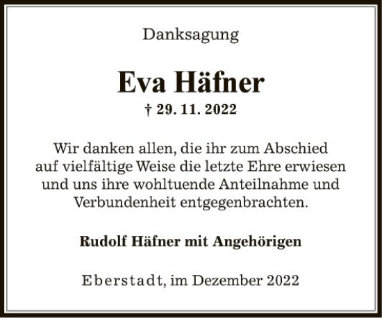 Traueranzeige von Eva Häfner von Fränkische Nachrichten