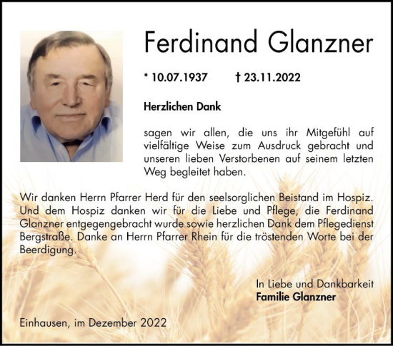 Traueranzeige von Ferdinand Glanzner von Bergsträßer Anzeiger