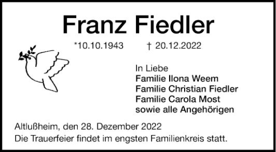 Traueranzeige von Franz Fiedler von Schwetzinger Zeitung