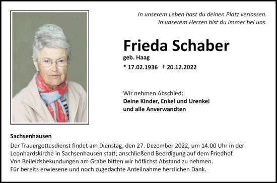 Traueranzeige von Frieda Schaber von Fränkische Nachrichten