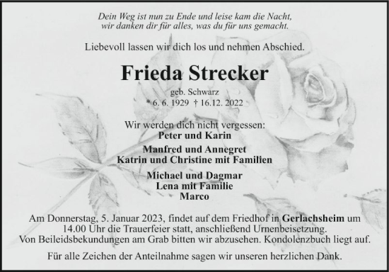 Traueranzeige von Frieda Strecker von Fränkische Nachrichten